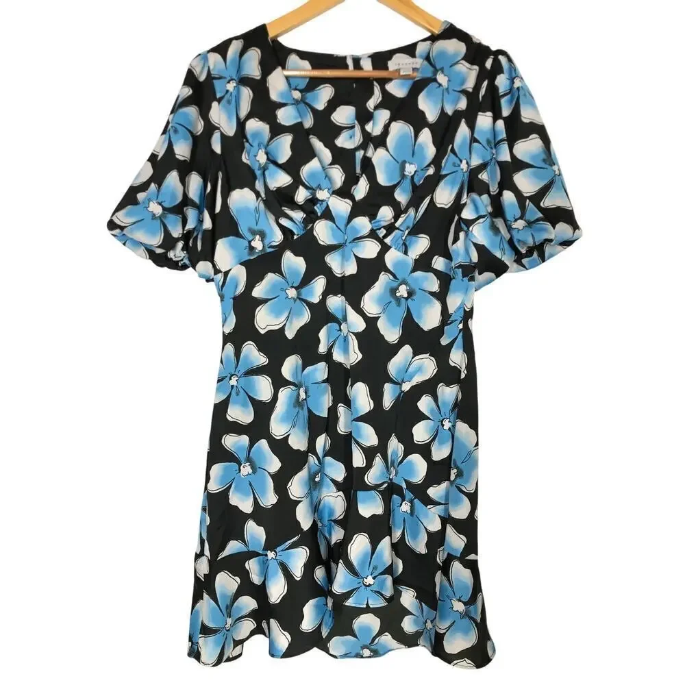 Topshop Dress Floral Print Puff Sleeve Cutout Back Mini Black Blue 10 Petite